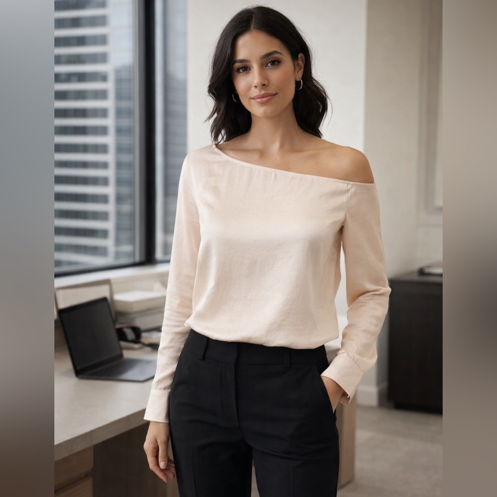 Theory Ulrika 2 Off Shoulder Satin Blouse Cream SZ Small Quiet Luxury NWT